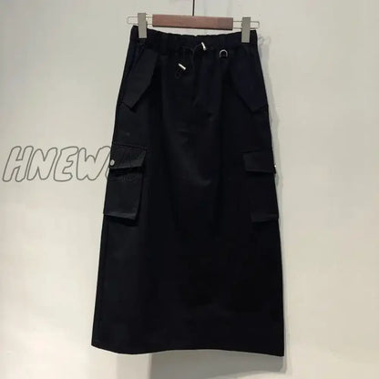 Hnewly Cargo Skirts for Women 100% Cotton Y2k Skirts Elastic Waist Spring Summer Drawstring Girls Full Length Skirt Black