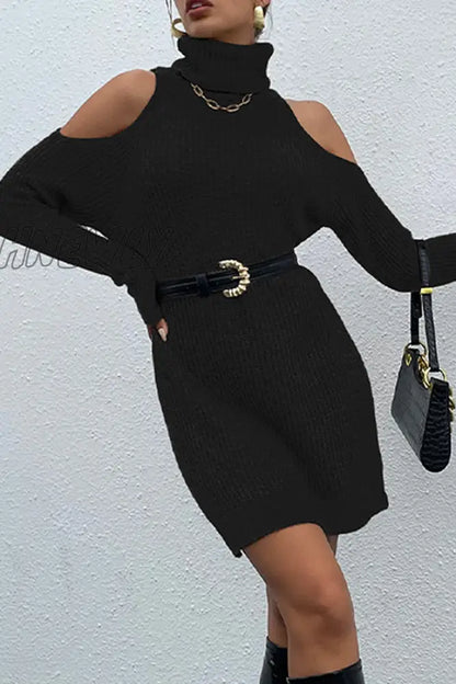 xsrrr - Casual Elegant Solid Hollowed Out Patchwork Turtleneck Dresses Sweater (Without Belt)