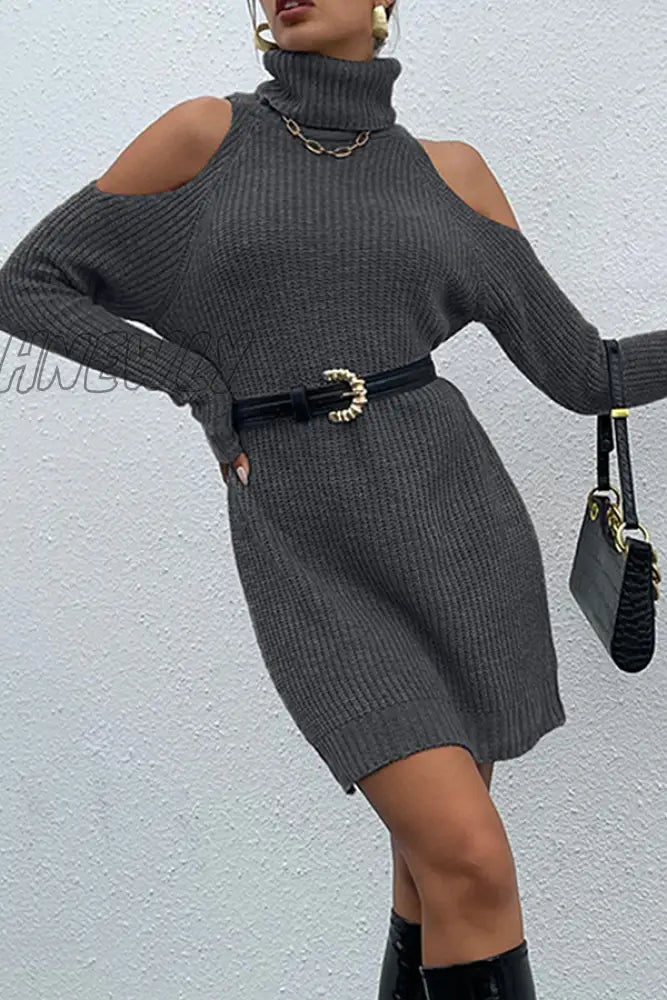 xsrrr - Casual Elegant Solid Hollowed Out Patchwork Turtleneck Dresses Sweater (Without Belt)