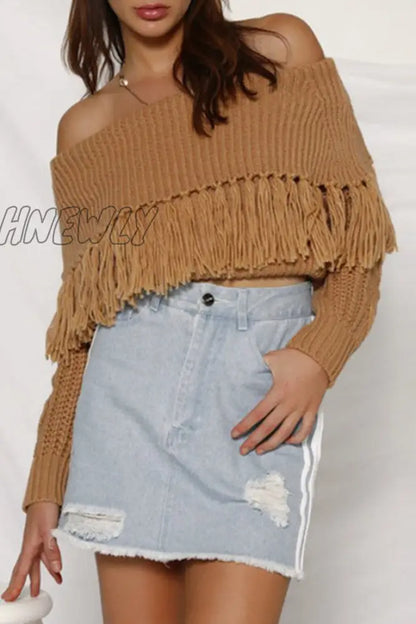 xsrrr - Casual Elegant Solid Tassel Split Joint Off the Shoulder Tops