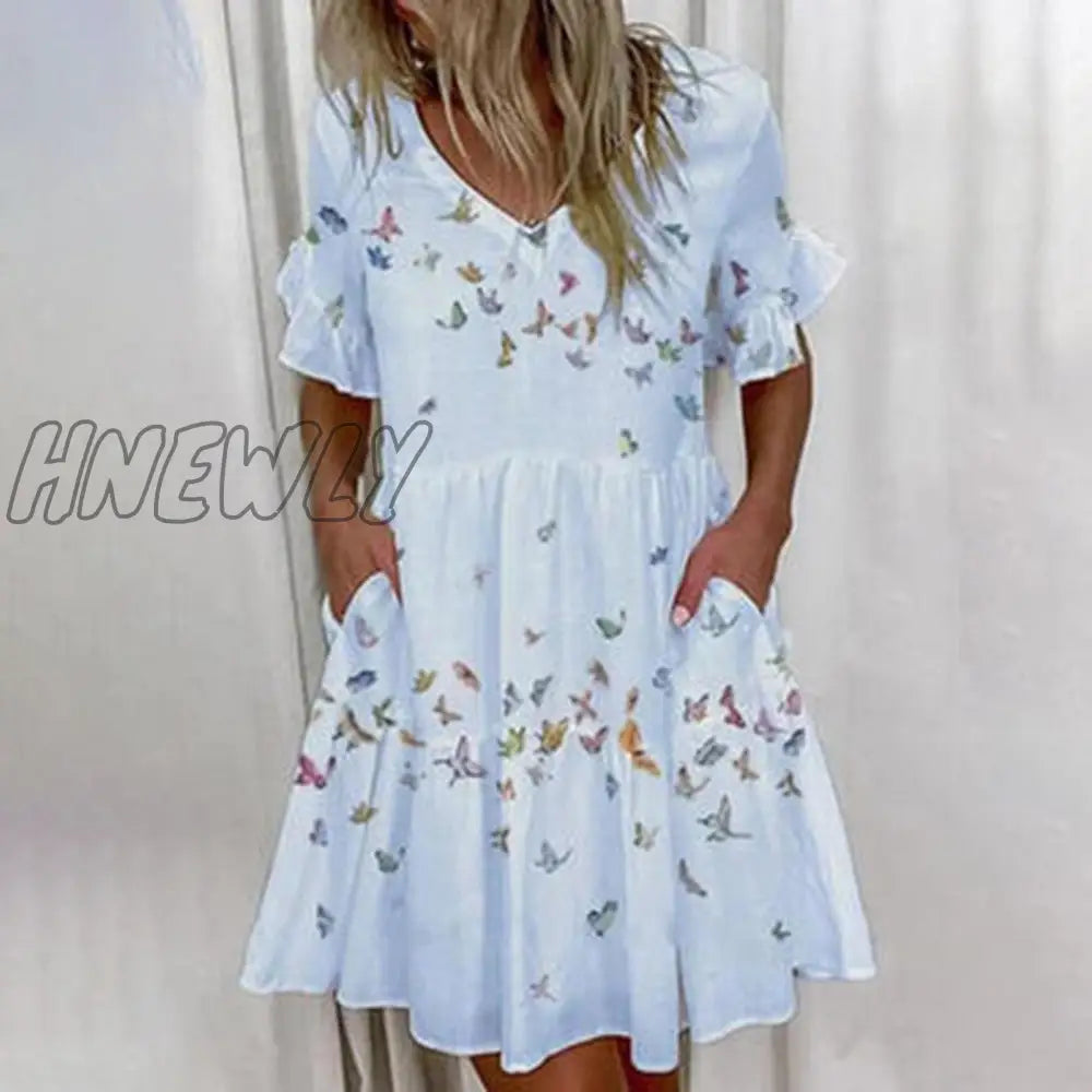 xsrrr Casual Ruffles Loose V-Neck Dress Women Summer Short Sleeve Floral Print Woman Dress Fashion White Boho Beach Dresses 5XL Trendy Summer Fits