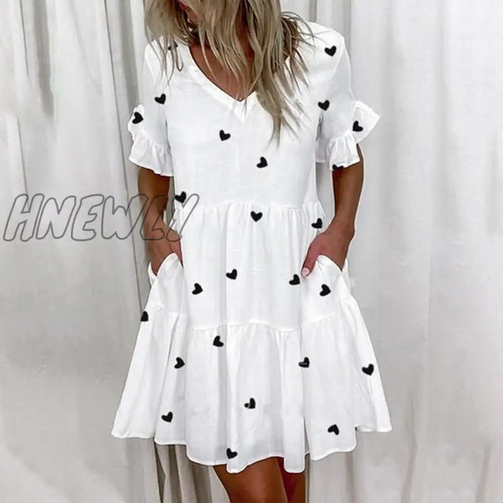 xsrrr Casual Ruffles Loose V-Neck Dress Women Summer Short Sleeve Floral Print Woman Dress Fashion White Boho Beach Dresses 5XL Trendy Summer Fits