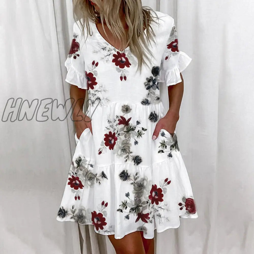 xsrrr Casual Ruffles Loose V-Neck Dress Women Summer Short Sleeve Floral Print Woman Dress Fashion White Boho Beach Dresses 5XL Trendy Summer Fits