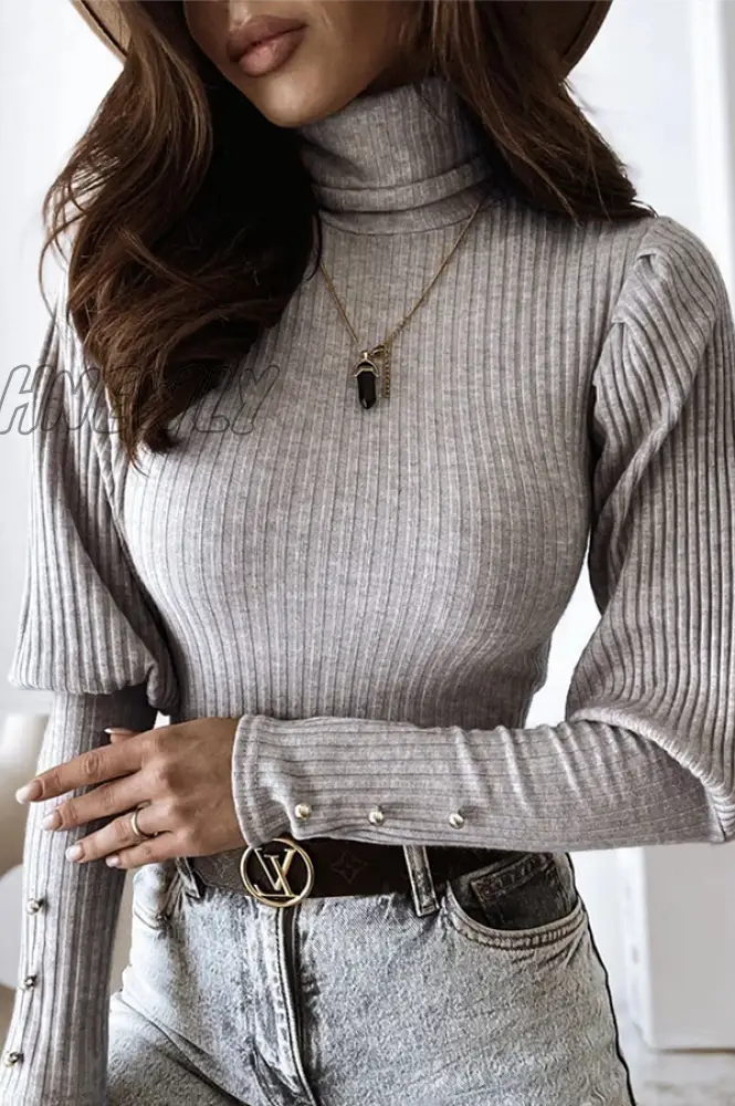 xsrrr - Casual Solid Buckle Fold Turtleneck Tops(3 Colors)