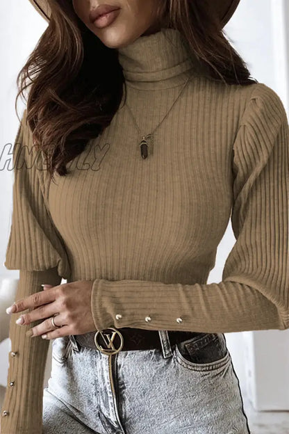 xsrrr - Casual Solid Buckle Fold Turtleneck Tops(3 Colors)