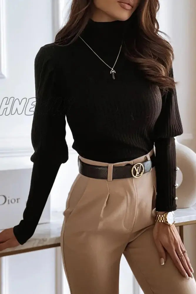 xsrrr - Casual Solid Buckle Fold Turtleneck Tops(3 Colors)