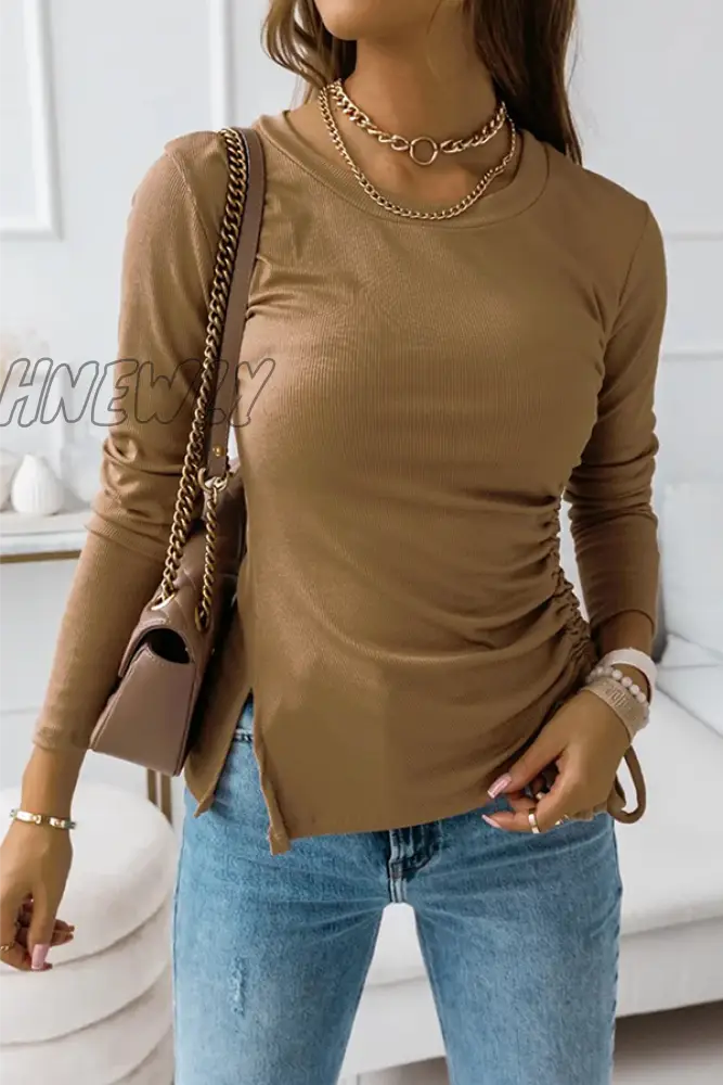 xsrrr - Casual Solid Draw String Slit O Neck Tops