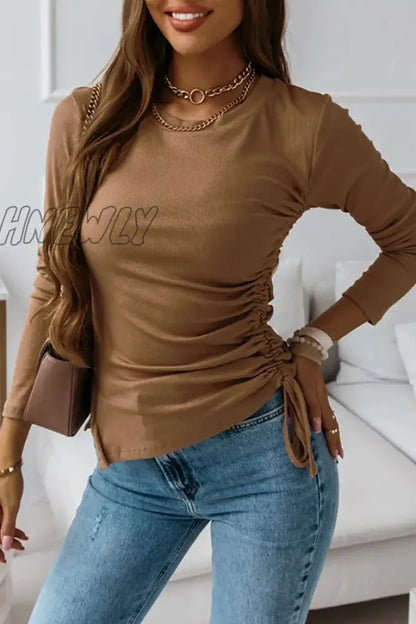 xsrrr - Casual Solid Draw String Slit O Neck Tops