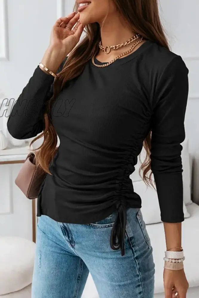 xsrrr - Casual Solid Draw String Slit O Neck Tops