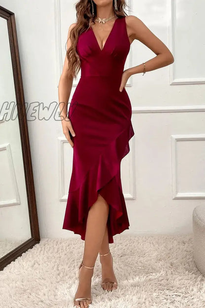 xsrrr - Casual Solid Flounce Asymmetrical V Neck Evening Dress Dresses(3 Colors)