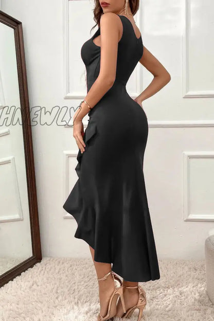 xsrrr - Casual Solid Flounce Asymmetrical V Neck Evening Dress Dresses(3 Colors)