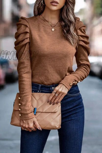 xsrrr - Casual Solid Fold O Neck Tops