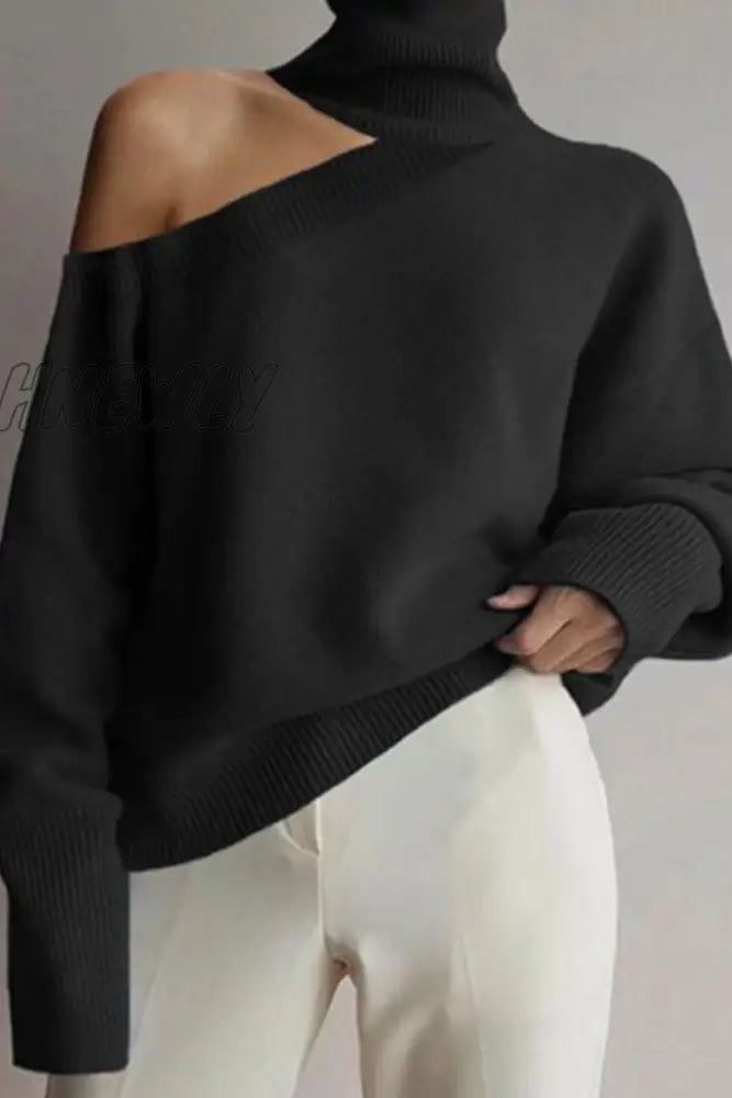 xsrrr - Casual Solid Hollowed Out Patchwork Turtleneck Sweaters(3 Colors)