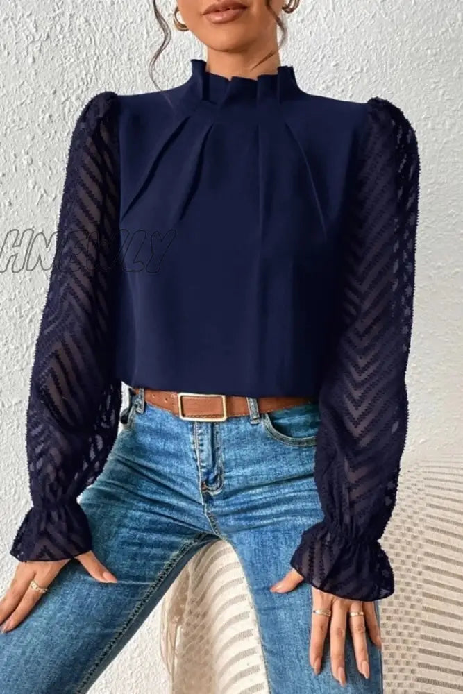 xsrrr - Casual Solid Patchwork Flounce Half A Turtleneck Tops