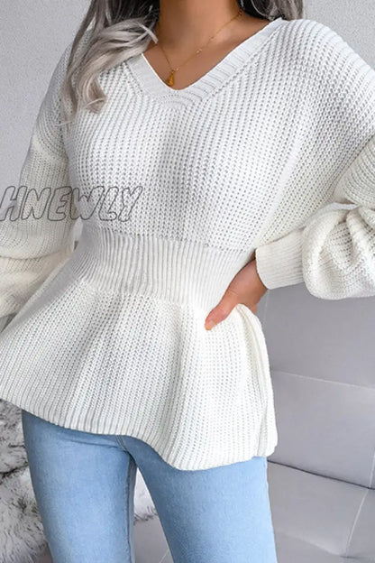 xsrrr - Casual Solid Patchwork Flounce V Neck Sweaters(3 Colors)