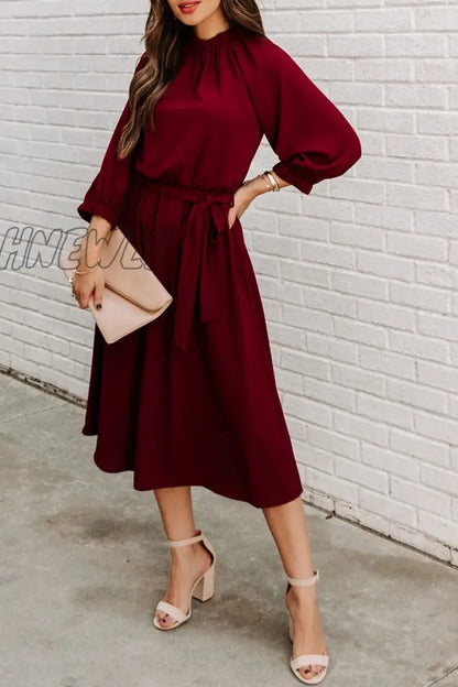 xsrrr - Casual Solid Patchwork O Neck Waist Skirt Dresses