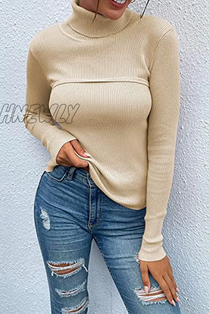 xsrrr - Casual Solid Patchwork Turtleneck Tops