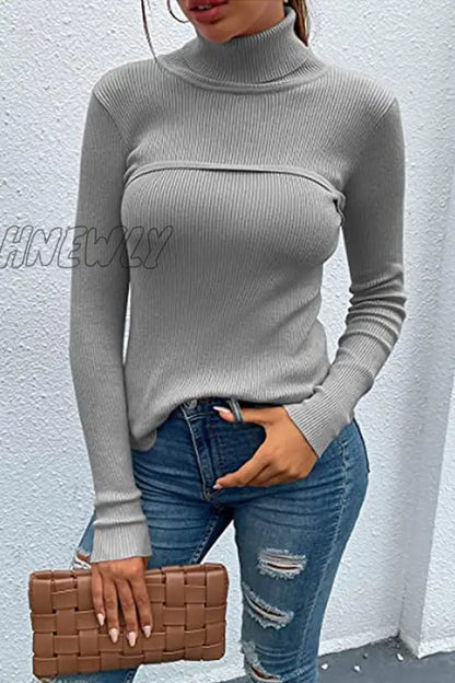 xsrrr - Casual Solid Patchwork Turtleneck Tops