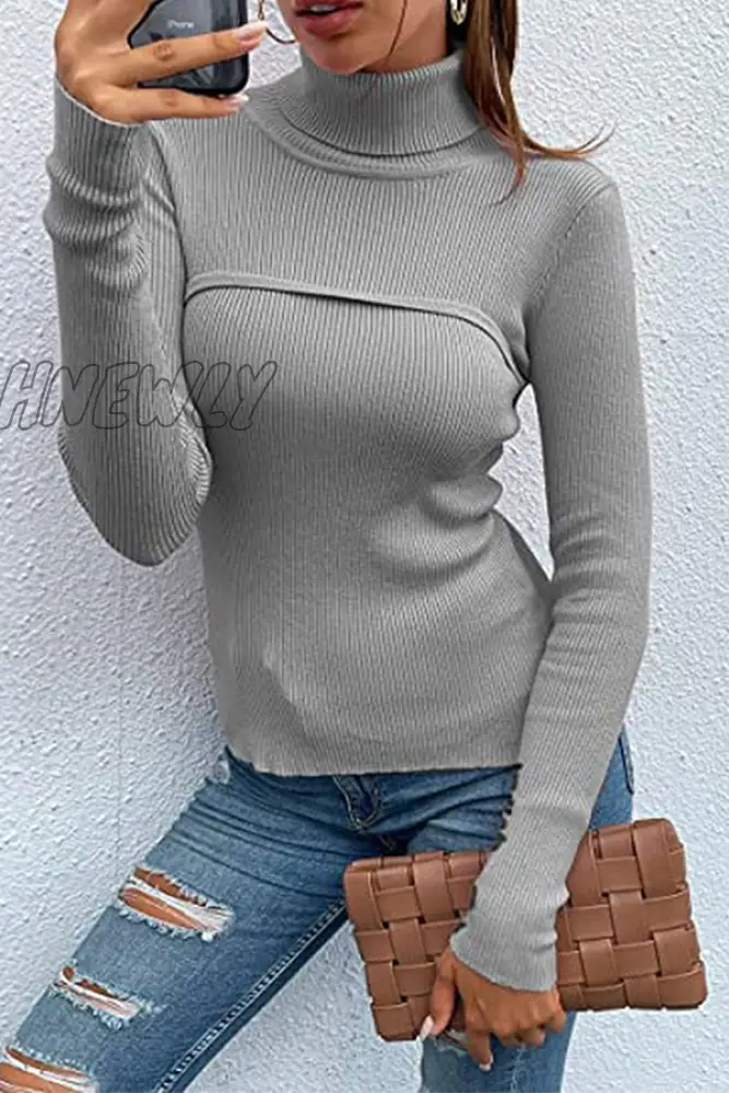 xsrrr - Casual Solid Patchwork Turtleneck Tops