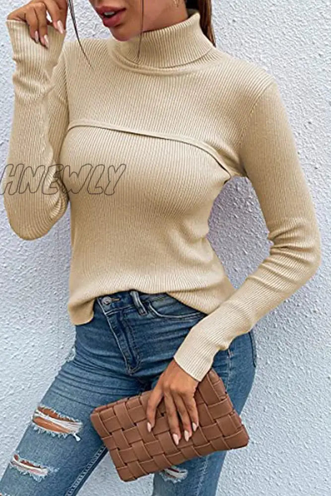 xsrrr - Casual Solid Patchwork Turtleneck Tops