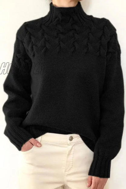 xsrrr - Casual Solid Weave Turtleneck Tops