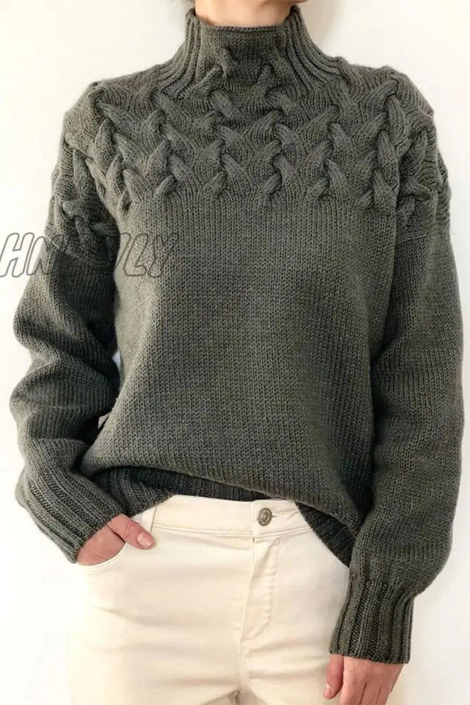 xsrrr - Casual Solid Weave Turtleneck Tops