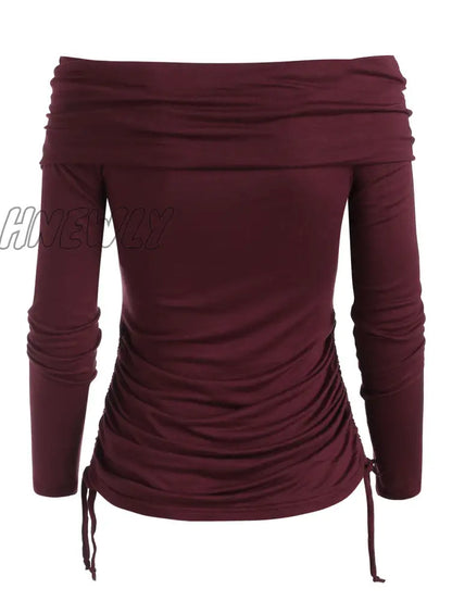 xsrrr Casual T Shirt Women Foldover Off Shoulder Cinched T-Shirt Solid Basic Long Sleeve Autumn Feminina Ladies Fashion Tops