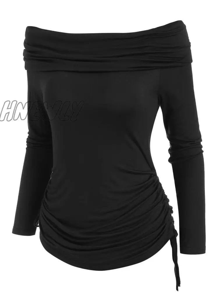 xsrrr Casual T Shirt Women Foldover Off Shoulder Cinched T-Shirt Solid Basic Long Sleeve Autumn Feminina Ladies Fashion Tops