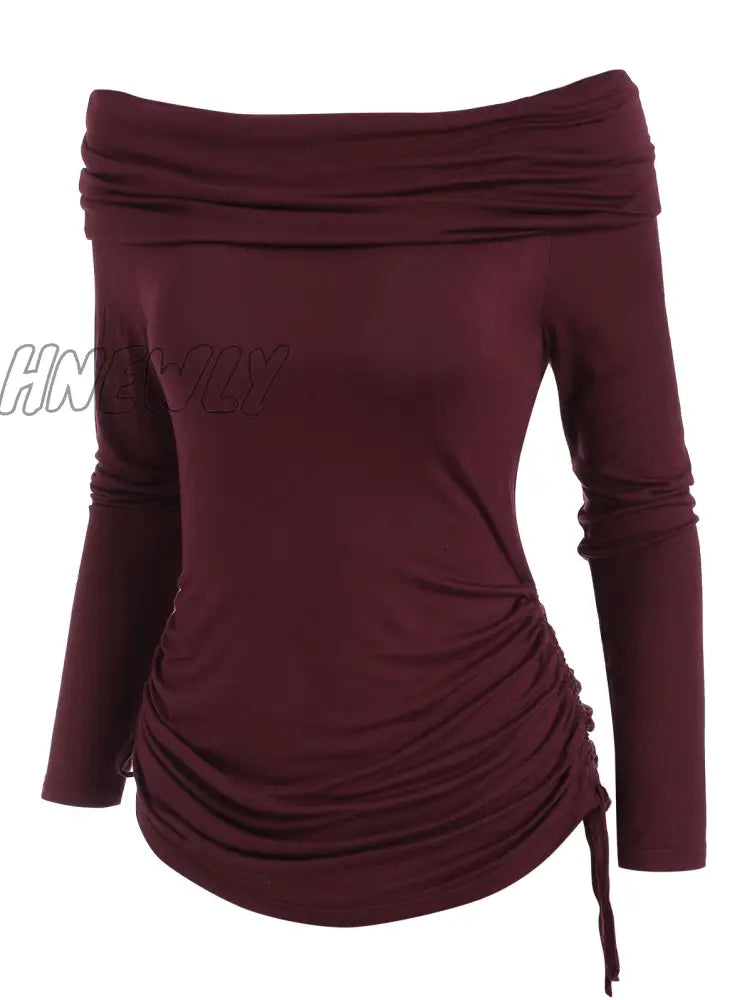 xsrrr Casual T Shirt Women Foldover Off Shoulder Cinched T-Shirt Solid Basic Long Sleeve Autumn Feminina Ladies Fashion Tops