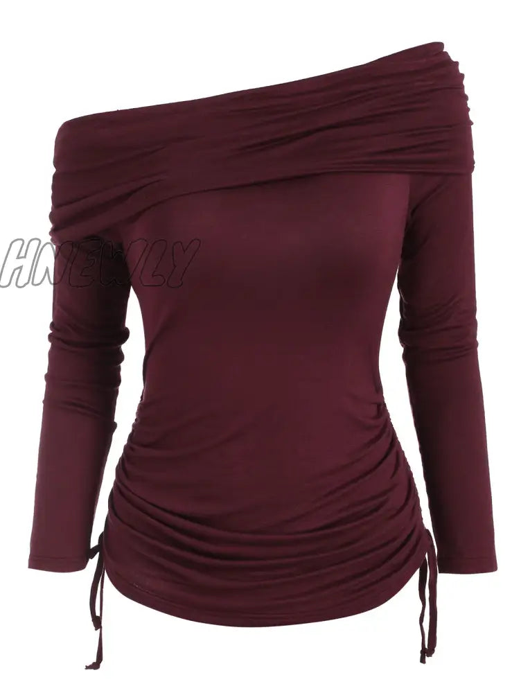 xsrrr Casual T Shirt Women Foldover Off Shoulder Cinched T-Shirt Solid Basic Long Sleeve Autumn Feminina Ladies Fashion Tops