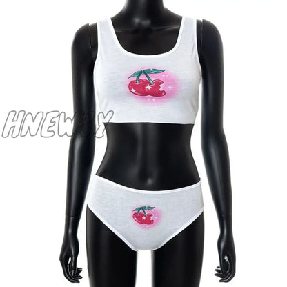 xsrrr Cherry Print White Lingerie 2 Piece Set Women Cute Sexy Underwear Crop Top with Shorts Y2k Sets Womens Outfits Fashion Outfits Summer