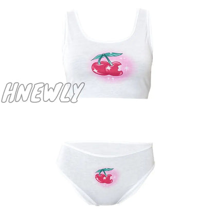 xsrrr Cherry Print White Lingerie 2 Piece Set Women Cute Sexy Underwear Crop Top with Shorts Y2k Sets Womens Outfits Fashion Outfits Summer