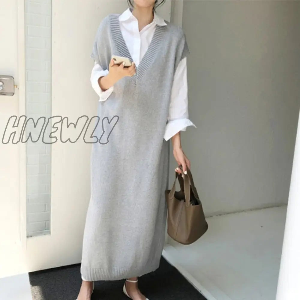 xsrrr Chic Casual Winter Oversize Straight Sleeveless Sweater Dress Women Thick Knit Long Dress Female Knitted Vest Dress