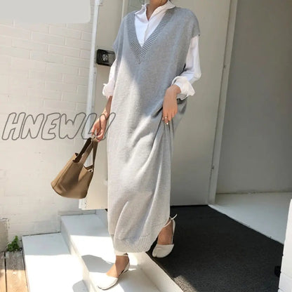 xsrrr Chic Casual Winter Oversize Straight Sleeveless Sweater Dress Women Thick Knit Long Dress Female Knitted Vest Dress