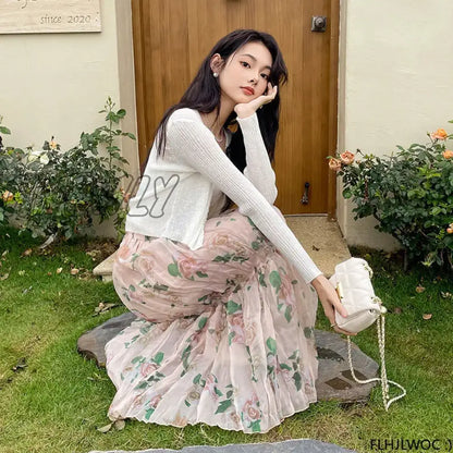 xsrrr Chic Korea Clothes Summer Women Cute Sweet Girls Floral Printed Robe Holiday Date High Waist Ruffles Pink Long Maxi Skirts