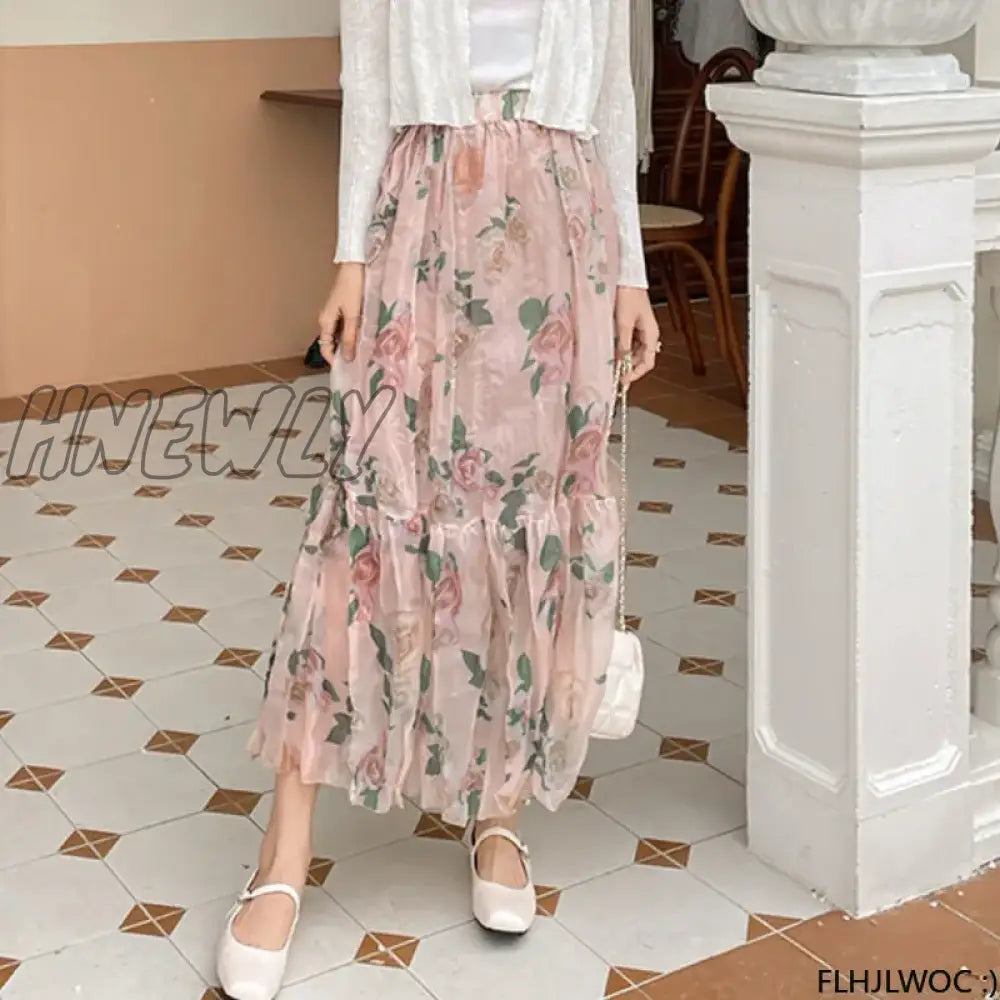 xsrrr Chic Korea Clothes Summer Women Cute Sweet Girls Floral Printed Robe Holiday Date High Waist Ruffles Pink Long Maxi Skirts