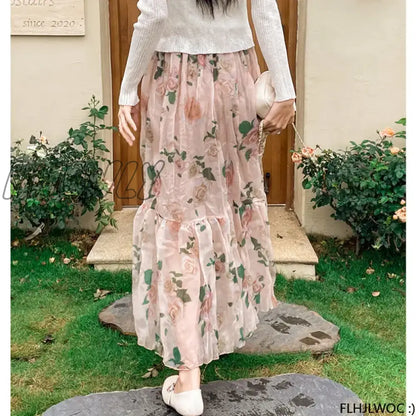 xsrrr Chic Korea Clothes Summer Women Cute Sweet Girls Floral Printed Robe Holiday Date High Waist Ruffles Pink Long Maxi Skirts