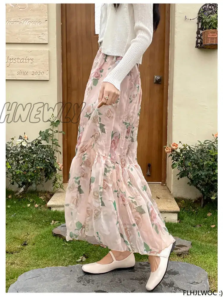 xsrrr Chic Korea Clothes Summer Women Cute Sweet Girls Floral Printed Robe Holiday Date High Waist Ruffles Pink Long Maxi Skirts