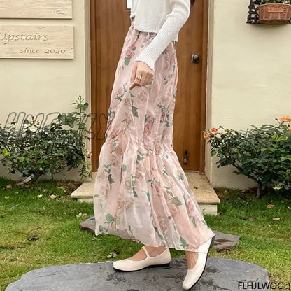 xsrrr Chic Korea Clothes Summer Women Cute Sweet Girls Floral Printed Robe Holiday Date High Waist Ruffles Pink Long Maxi Skirts