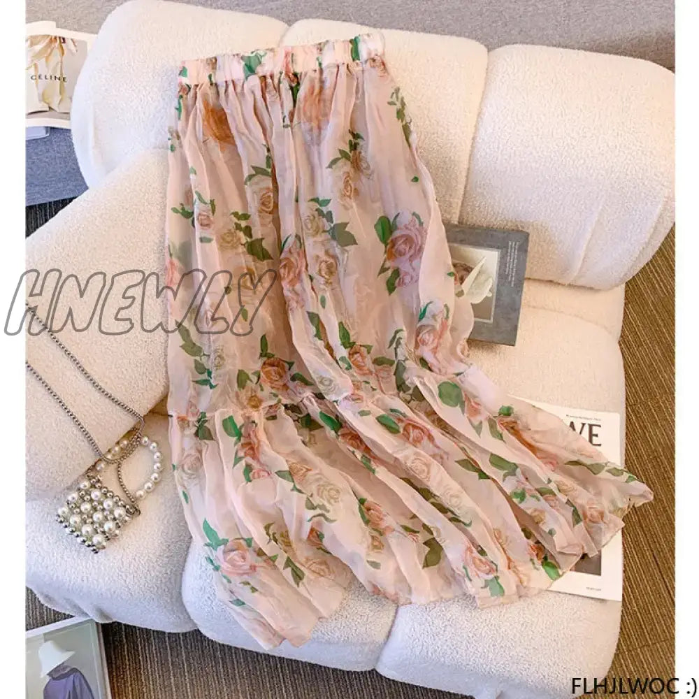 xsrrr Chic Korea Clothes Summer Women Cute Sweet Girls Floral Printed Robe Holiday Date High Waist Ruffles Pink Long Maxi Skirts