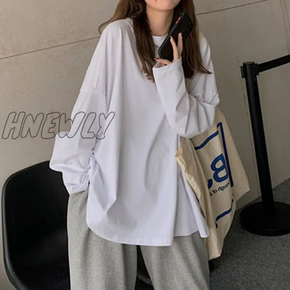 xsrrr Chic Loose Long Sleeve T-Shirt Women's Basic O-Neck Autumn Cotton Tee Shirt Ladies Solid Casual Oversize Tshirt New White Top