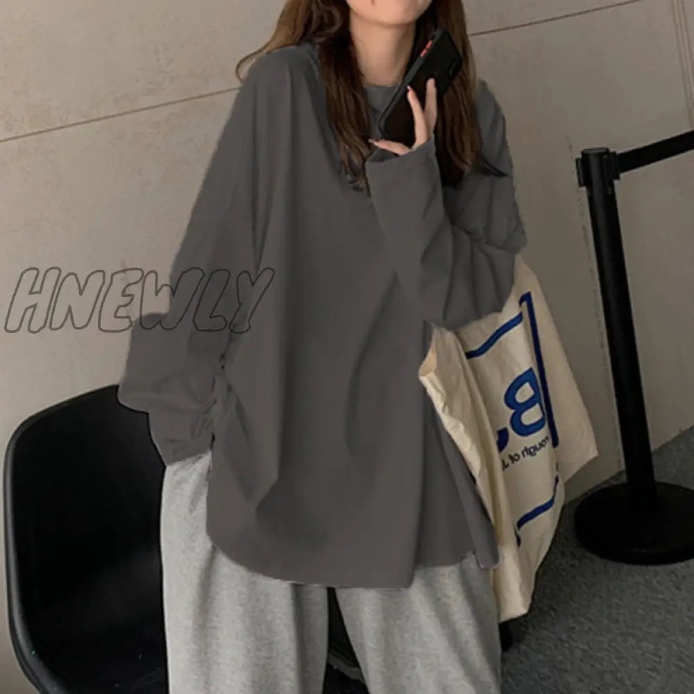 xsrrr Chic Loose Long Sleeve T-Shirt Women's Basic O-Neck Autumn Cotton Tee Shirt Ladies Solid Casual Oversize Tshirt New White Top