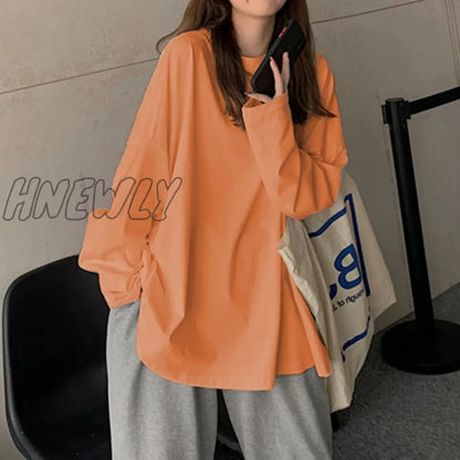 xsrrr Chic Loose Long Sleeve T-Shirt Women's Basic O-Neck Autumn Cotton Tee Shirt Ladies Solid Casual Oversize Tshirt New White Top