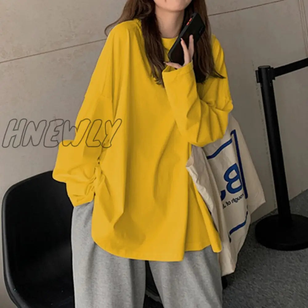 xsrrr Chic Loose Long Sleeve T-Shirt Women's Basic O-Neck Autumn Cotton Tee Shirt Ladies Solid Casual Oversize Tshirt New White Top