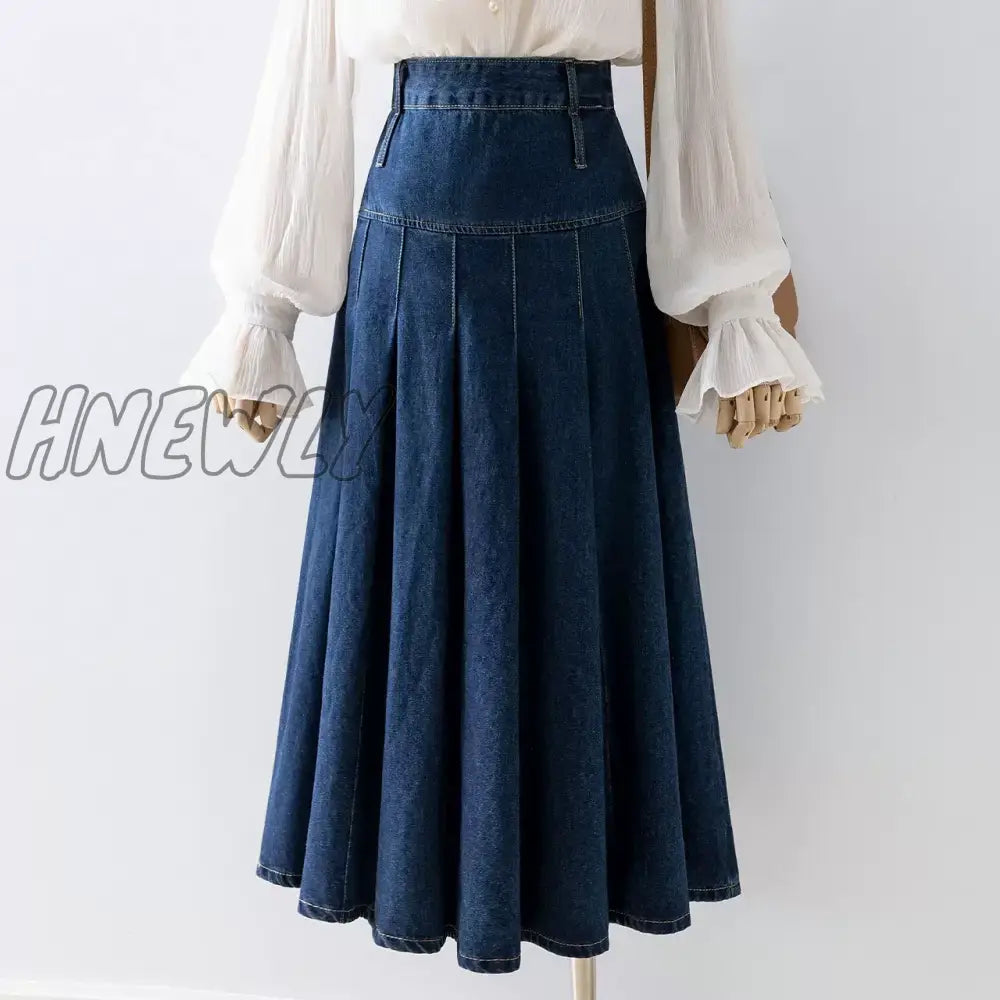 Hnewly Chic Pleated Jeans Skirts Spring Autumn High Waist Long Washing Ladies Straight Women  Loose Denim Midi Skirts