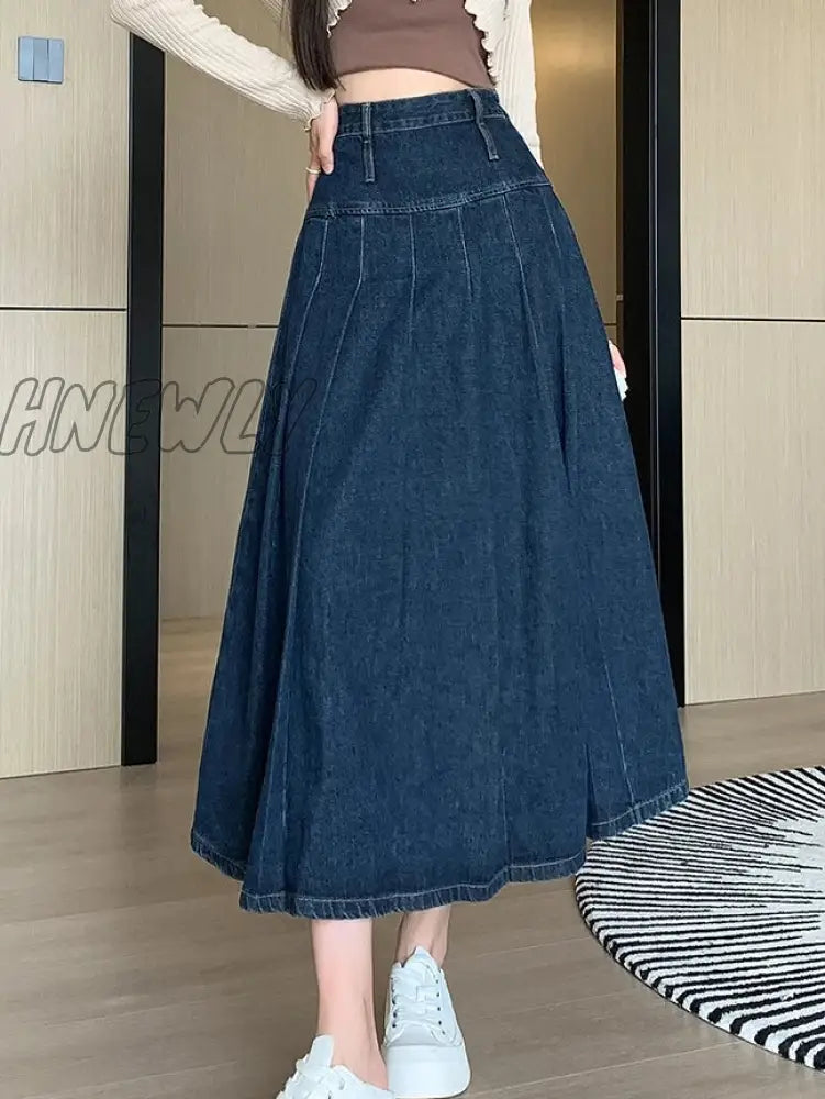 Hnewly Chic Pleated Jeans Skirts Spring Autumn High Waist Long Washing Ladies Straight Women  Loose Denim Midi Skirts