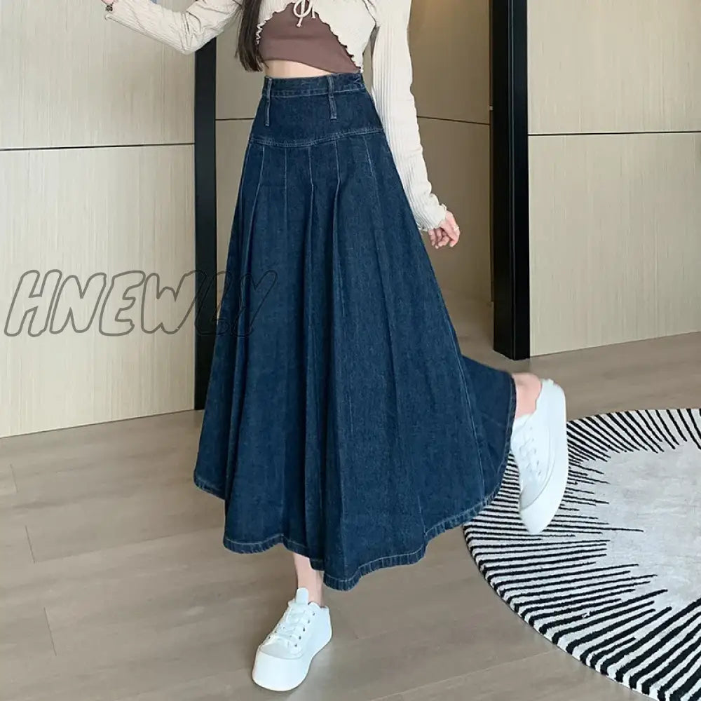 Hnewly Chic Pleated Jeans Skirts Spring Autumn High Waist Long Washing Ladies Straight Women  Loose Denim Midi Skirts