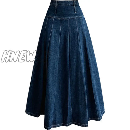 Hnewly Chic Pleated Jeans Skirts Spring Autumn High Waist Long Washing Ladies Straight Women  Loose Denim Midi Skirts