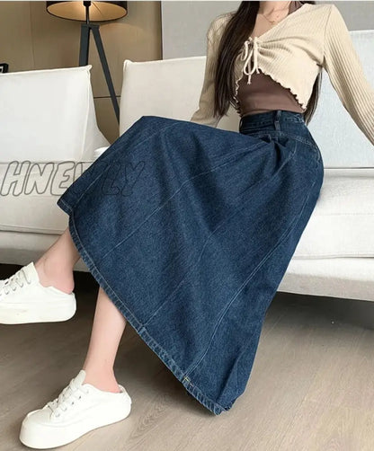 Hnewly Chic Pleated Jeans Skirts Spring Autumn High Waist Long Washing Ladies Straight Women  Loose Denim Midi Skirts