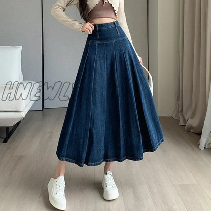 Hnewly Chic Pleated Jeans Skirts Spring Autumn High Waist Long Washing Ladies Straight Women  Loose Denim Midi Skirts